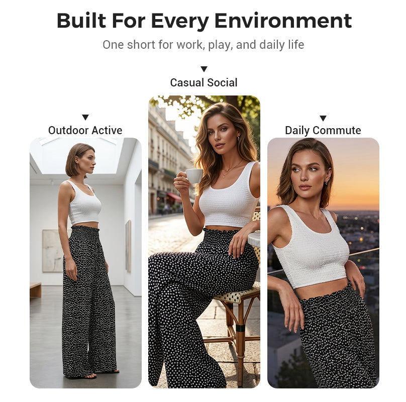 Women's smocked high waist wide leg trousers, detail view