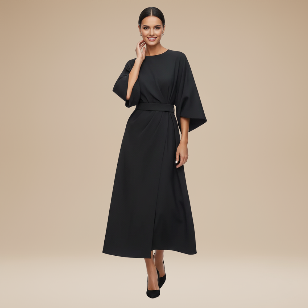 Belted wide sleeve wrap midi dress, lifestyle view