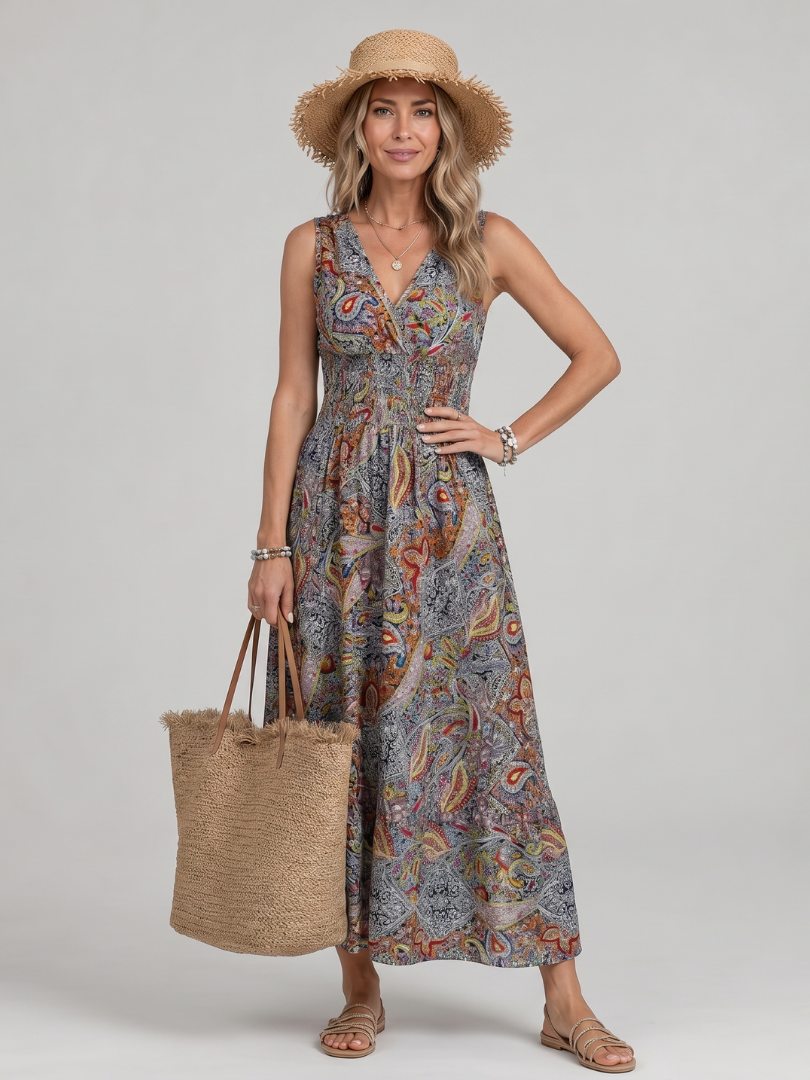 Paisley sleeveless midi dress full length | Alba Muse