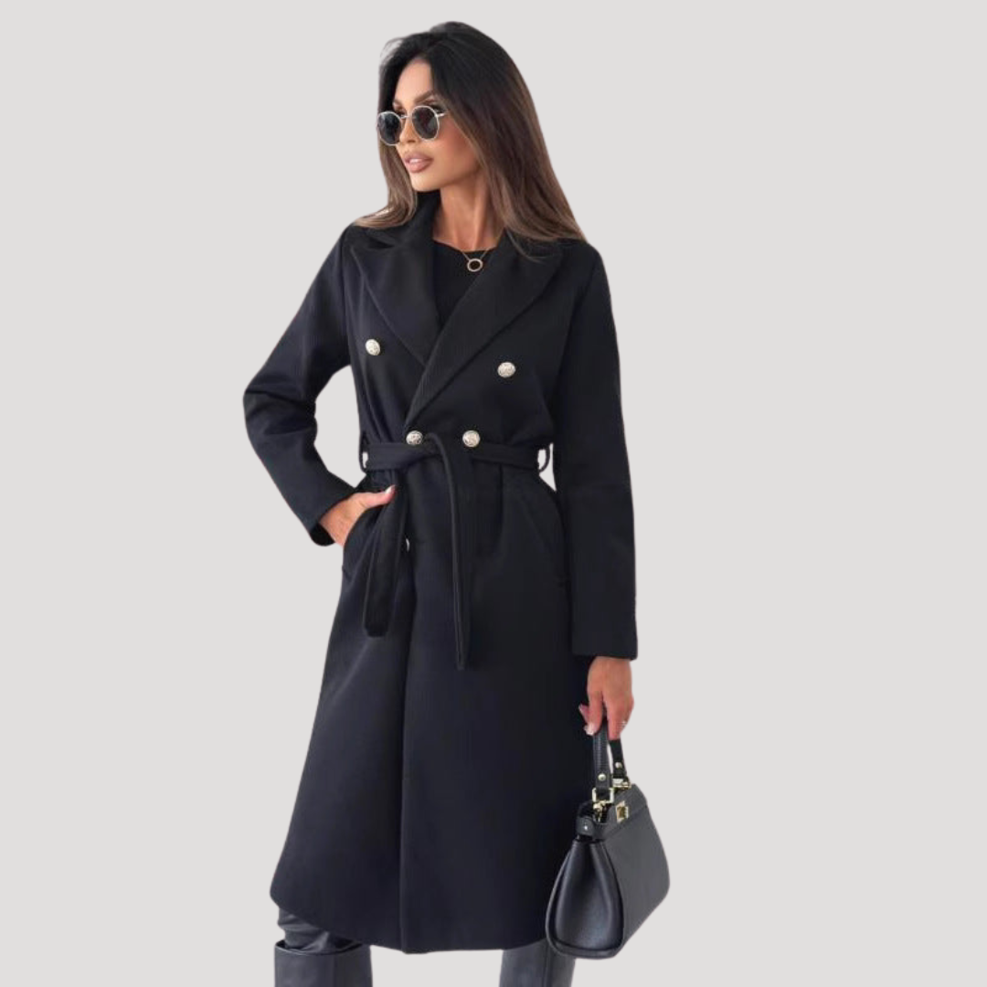 Double breasted belted longline coat with a double breasted front