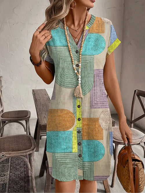Button-front V-neck boho mini dress on model | Alba Muse