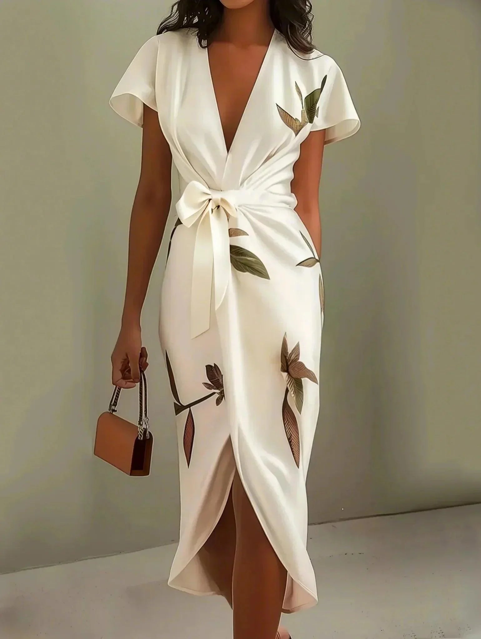 Women's leaf print wrap maxi dress with self-tie belt, elegant wedding guest style, front view