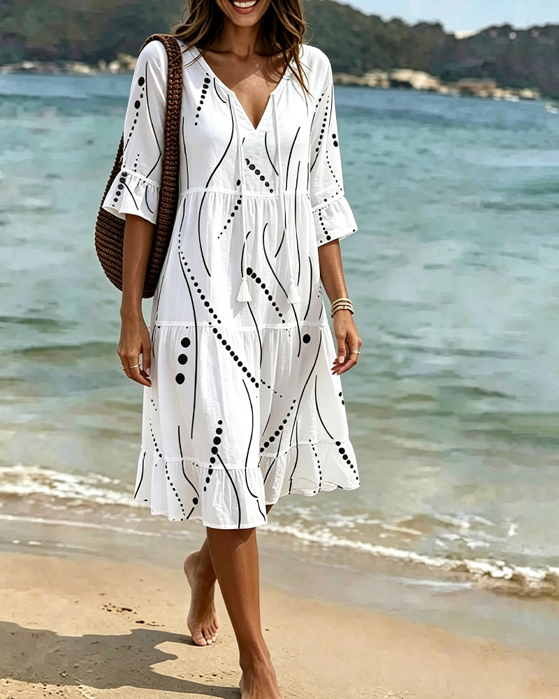 White Polka Dot Flutter Sleeve Tie-Waist Midi Dress