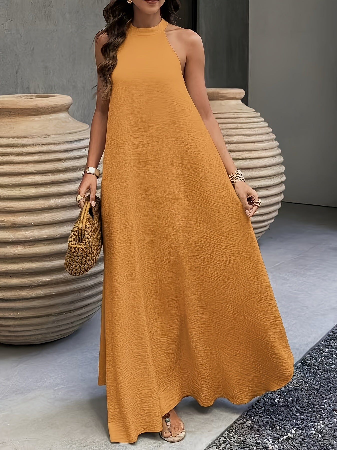 Ribbed Neckline Boho Beach Maxi Dress