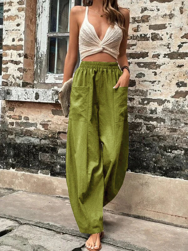 Loose Fit Elastic-Waist Trousers with Pockets
