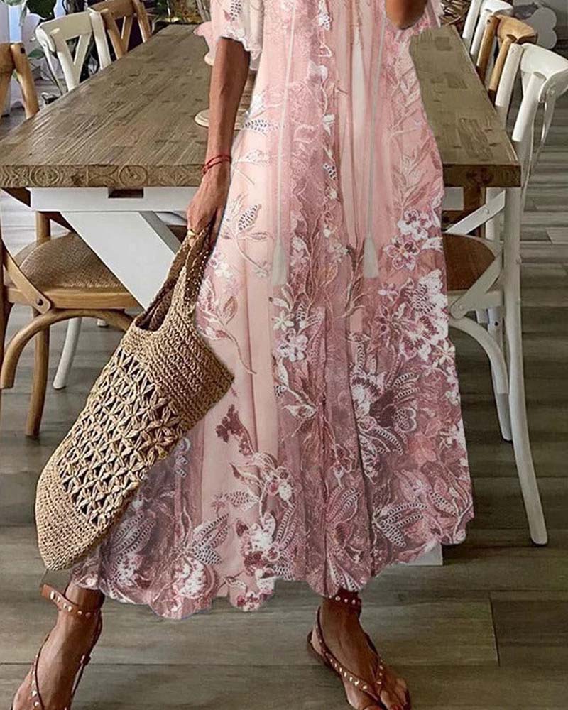 Floral maxi dress with ruffle detail, back view