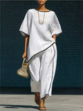 White contrast trim round neck top co-ord set, front view