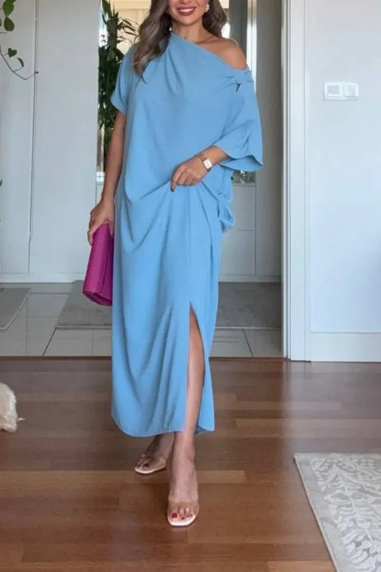 Asymmetric one-shoulder maxi dress close-up shoulder detail | Alba Muse