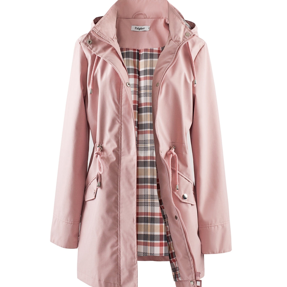 Hooded drawstring waist zip up coat with fully lined in Pink