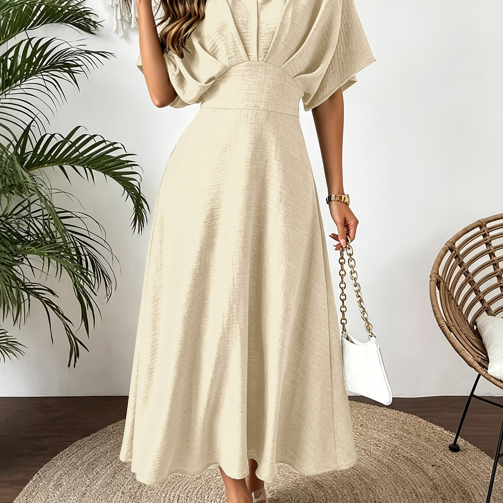 Batwing Sleeve Ruffle V-Neck Midi Dress