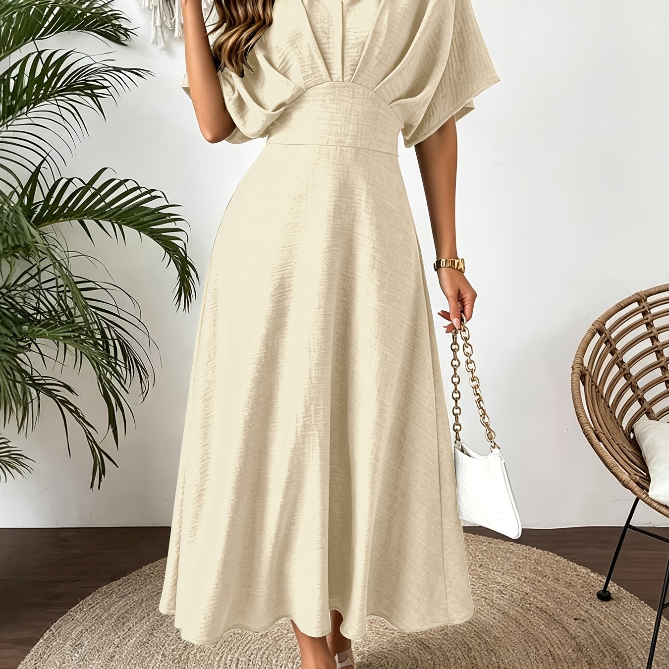 Batwing Sleeve Ruffle V-Neck Midi Dress
