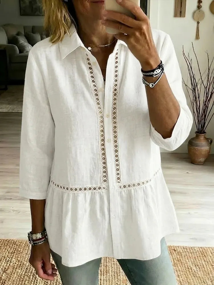 Openwork linen shirt in sand, lightweight breathable casual top | Alba Muse