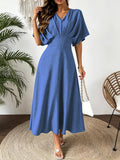 Batwing Sleeve Ruffle V-Neck Midi Dress — worn on model