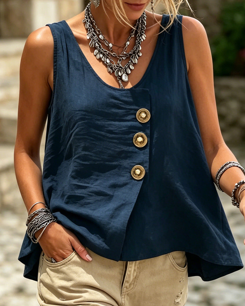 U-neck vest top with button detail, back view