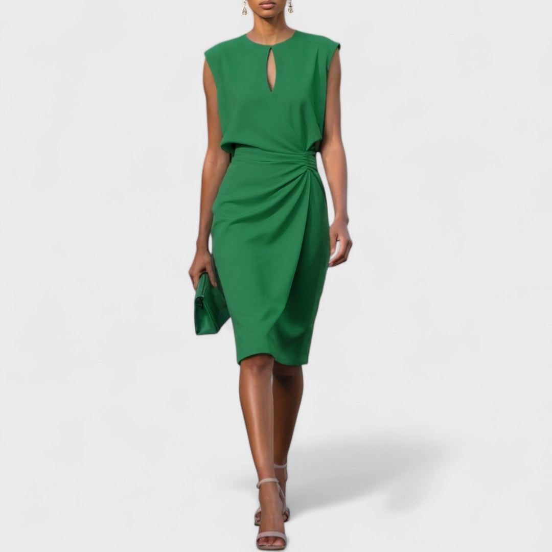 Close-up of elegant midi dress showing refined silhouette detail