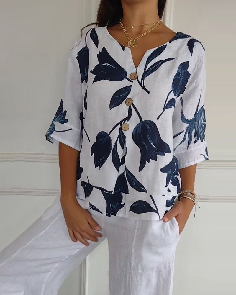 Floral Print Three Quarter Sleeve Cotton Linen Blouse