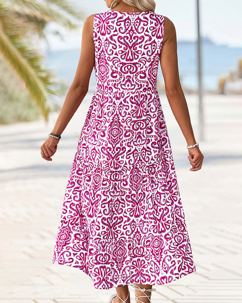 Fuchsia V-Neck Button Sleeveless Midi Dress — worn on model