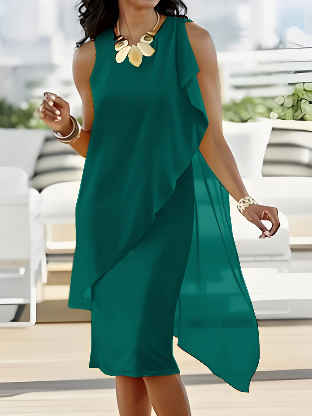 Sleeveless Chiffon Faux Two-Piece Dress in Red, full length view
