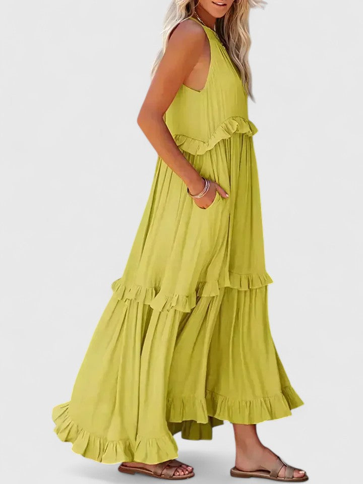 Sleeveless ruffle maxi dress in dark blue, front view