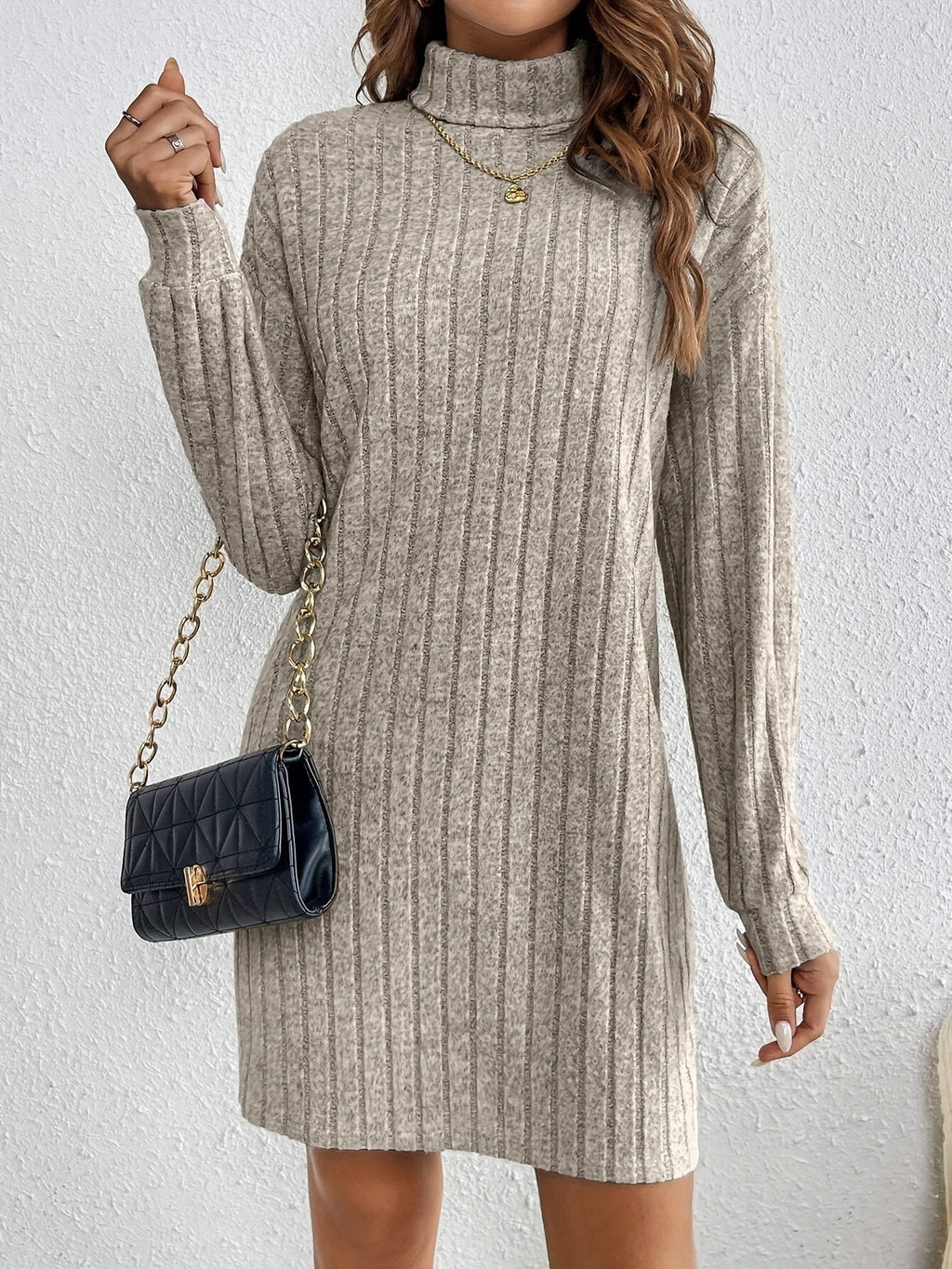 Ribbed roll neck stretch jumper dress with ribbed stretch knit