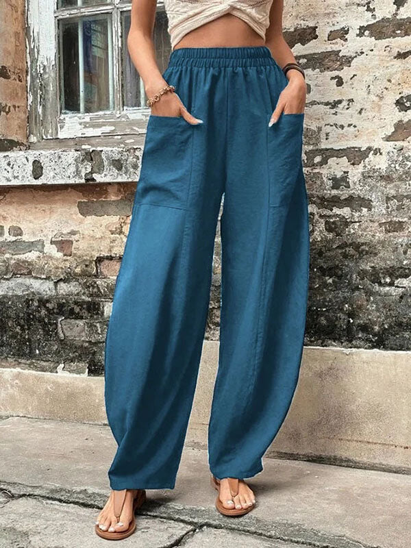 Loose Fit Elastic-Waist Trousers with Pockets