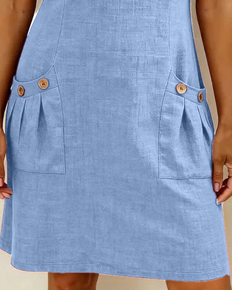 Round Neck Short Sleeve Pocket Zip Cotton Linen Dress