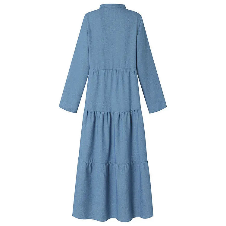 Long sleeve single-breasted denim maxi dress in blue, tiered A-line skirt | Alba Muse