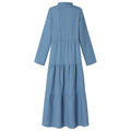 Long sleeve single-breasted denim maxi dress in blue, tiered A-line skirt | Alba Muse