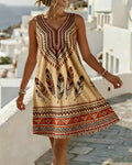 V-neck sleeveless ethnic print shift dress, front view