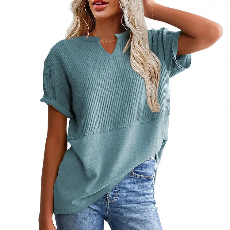 Oversized waffle knit V-neck top in grey, casual summer essential | Alba Muse
