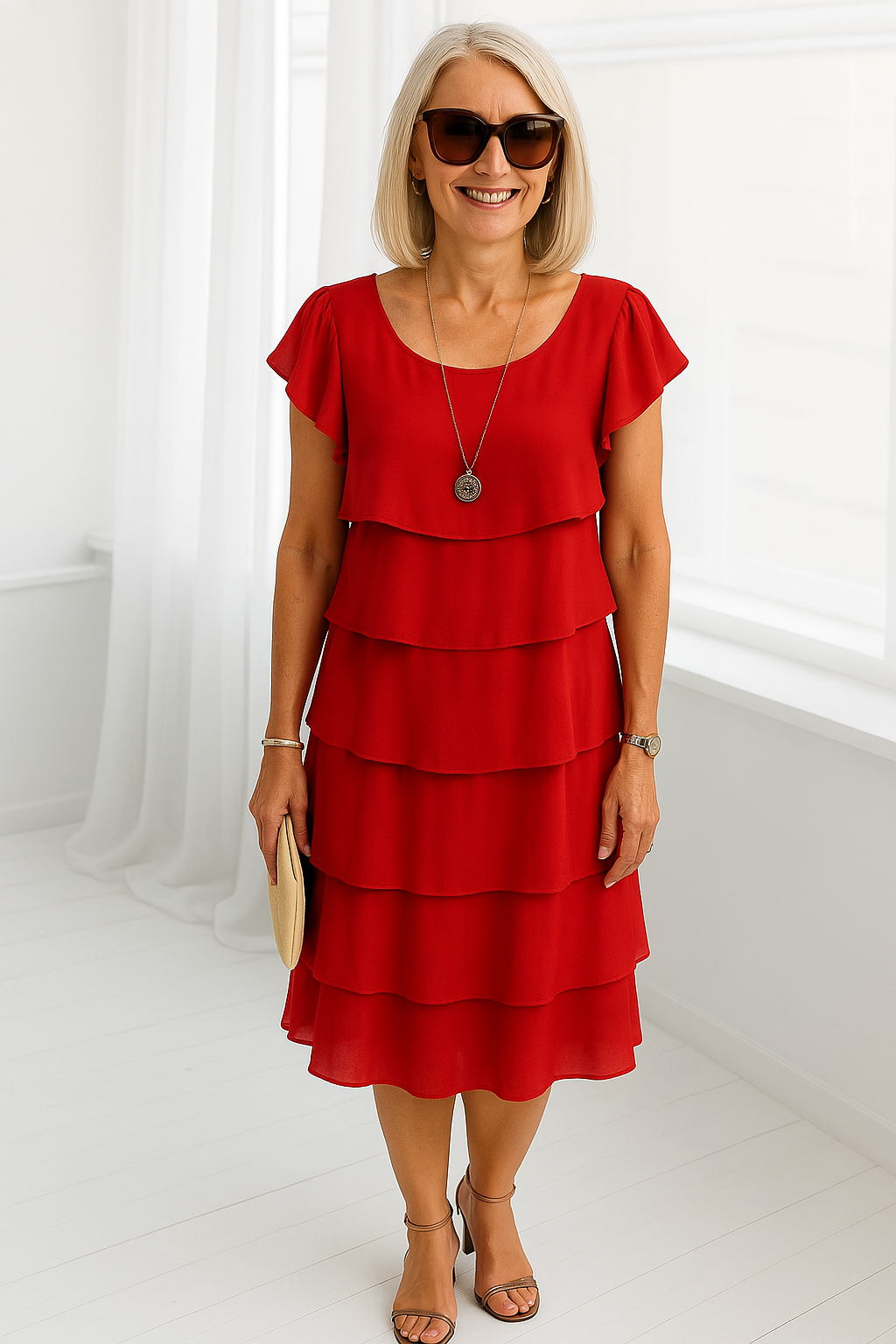 Short sleeve layered wedding guest midi dress in red, front view