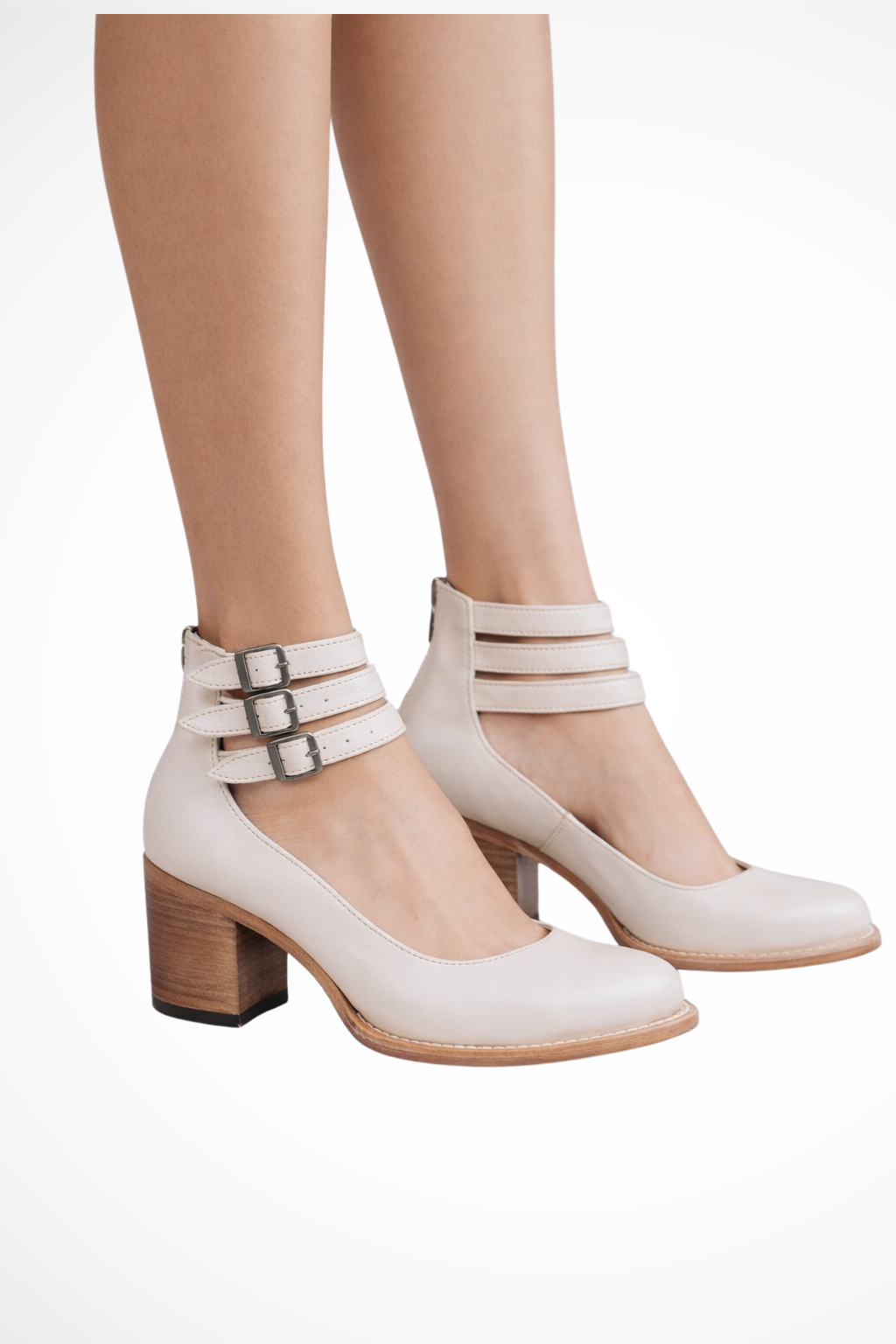 Women's block heel shoes with structured ankle straps