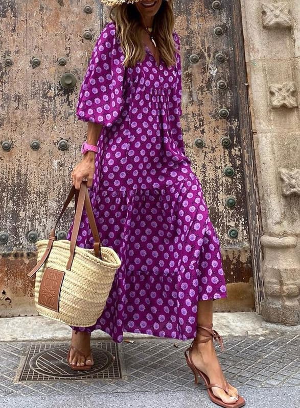 Boho Floral Puff Sleeve Maxi Dress – Casual