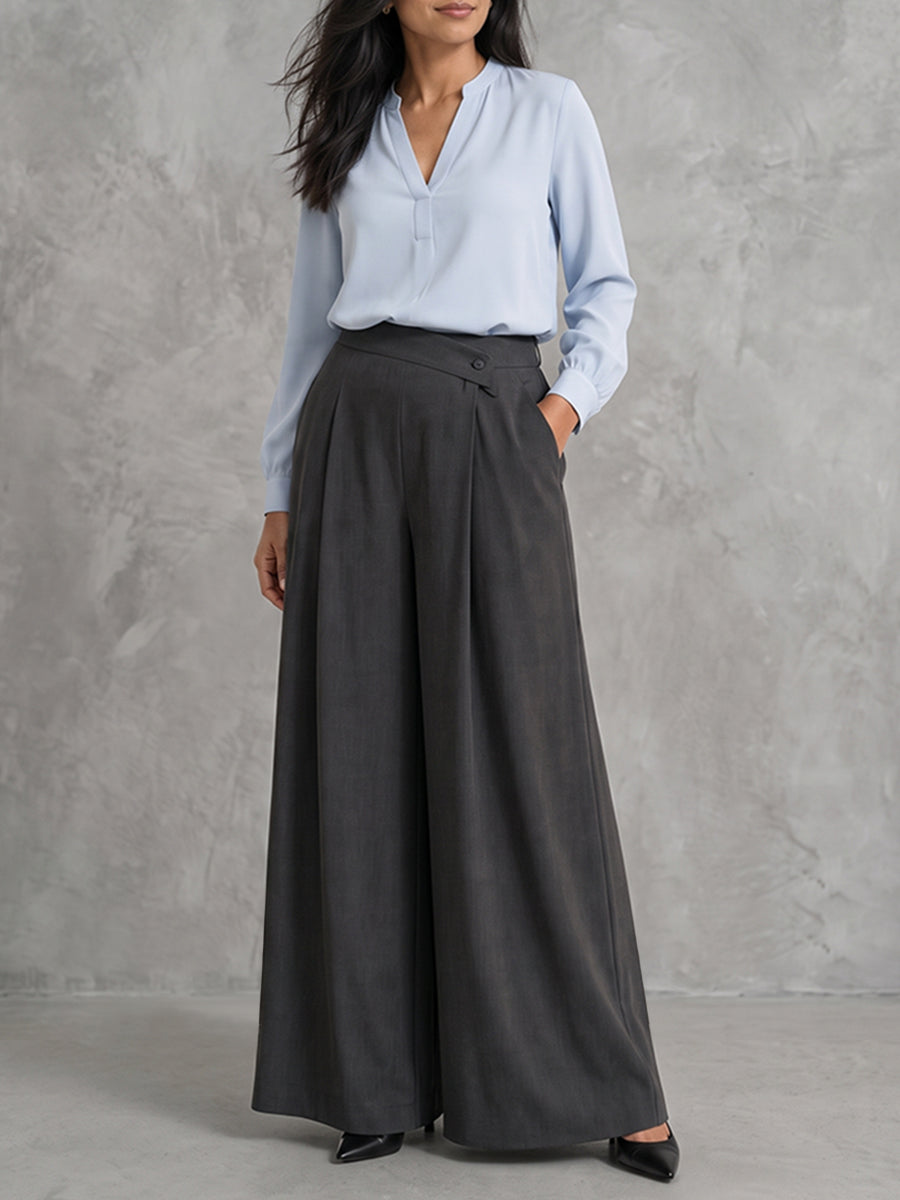 Pleated Wide-Leg Trousers with Asymmetric Detail