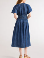 Denim tiered midi dress with ruched detailing and floating sleeves, side view