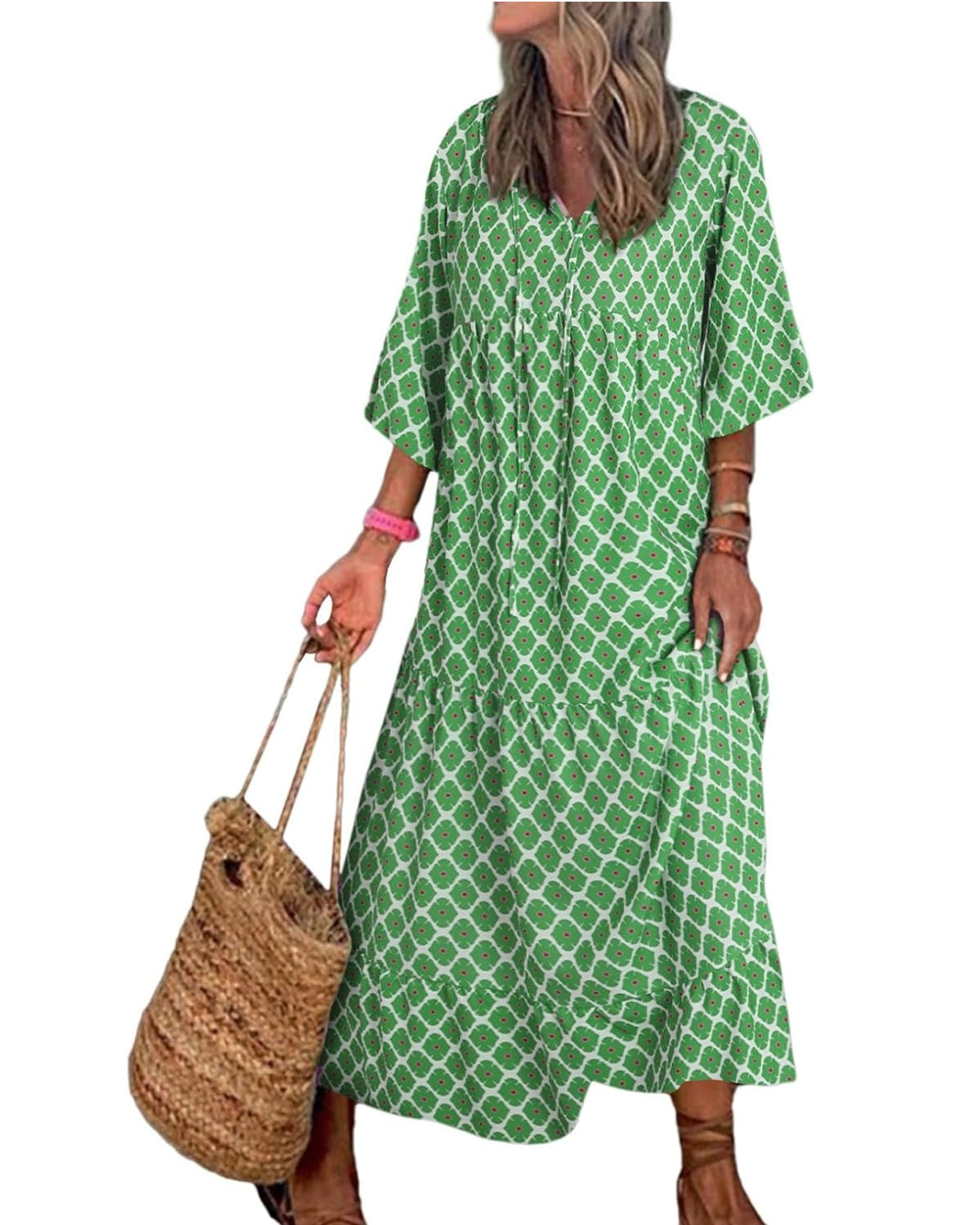 Women's boho floral puff sleeve maxi dress with ruffled A-line hem, front view