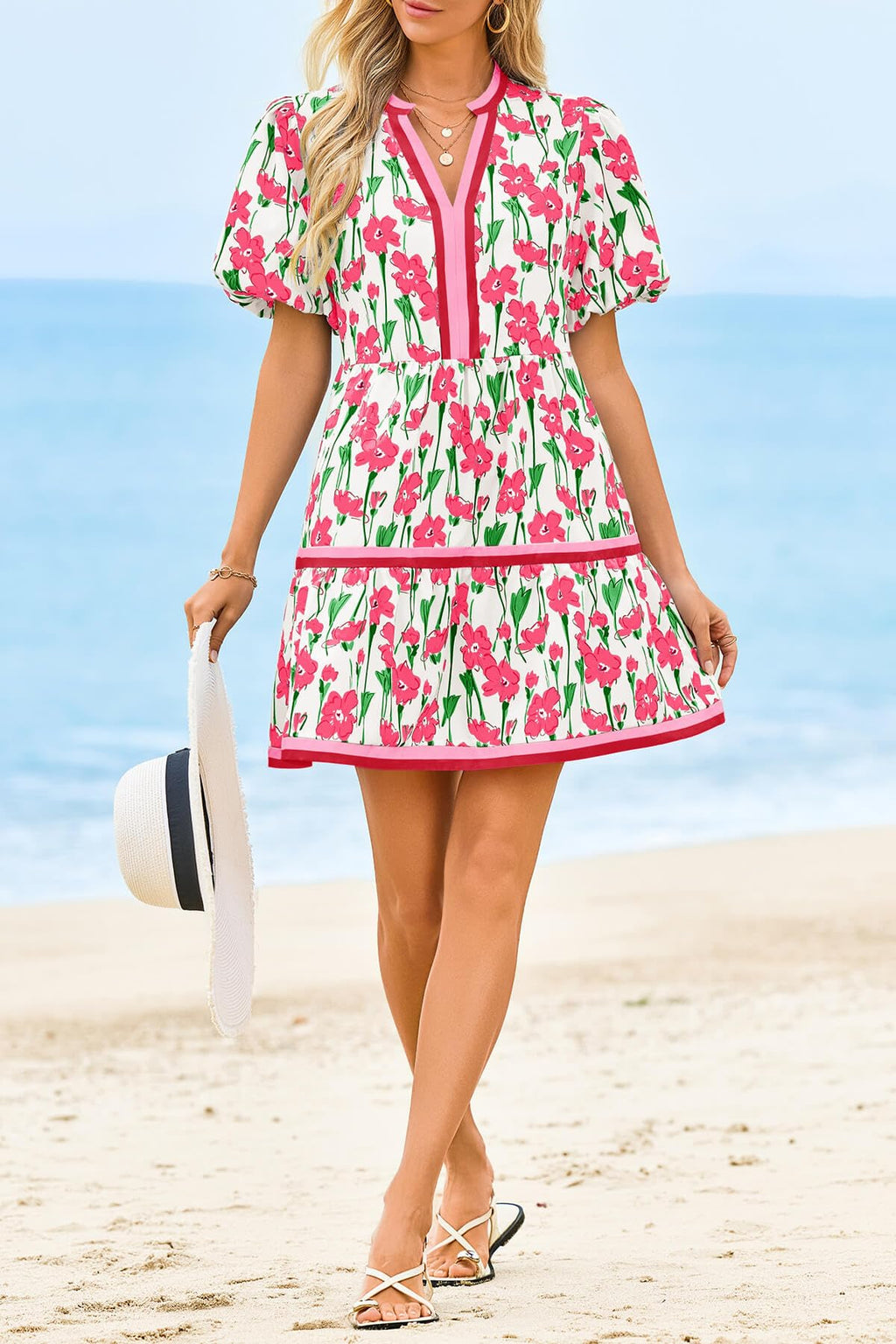 Floral Puff Sleeve Patchwork Mini Dress – Casual