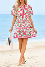 Floral Puff Sleeve Patchwork Mini Dress – Casual