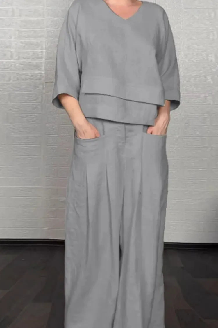 Two-piece co-ord set in light blue, side view and fluid silhouette | Alba Muse