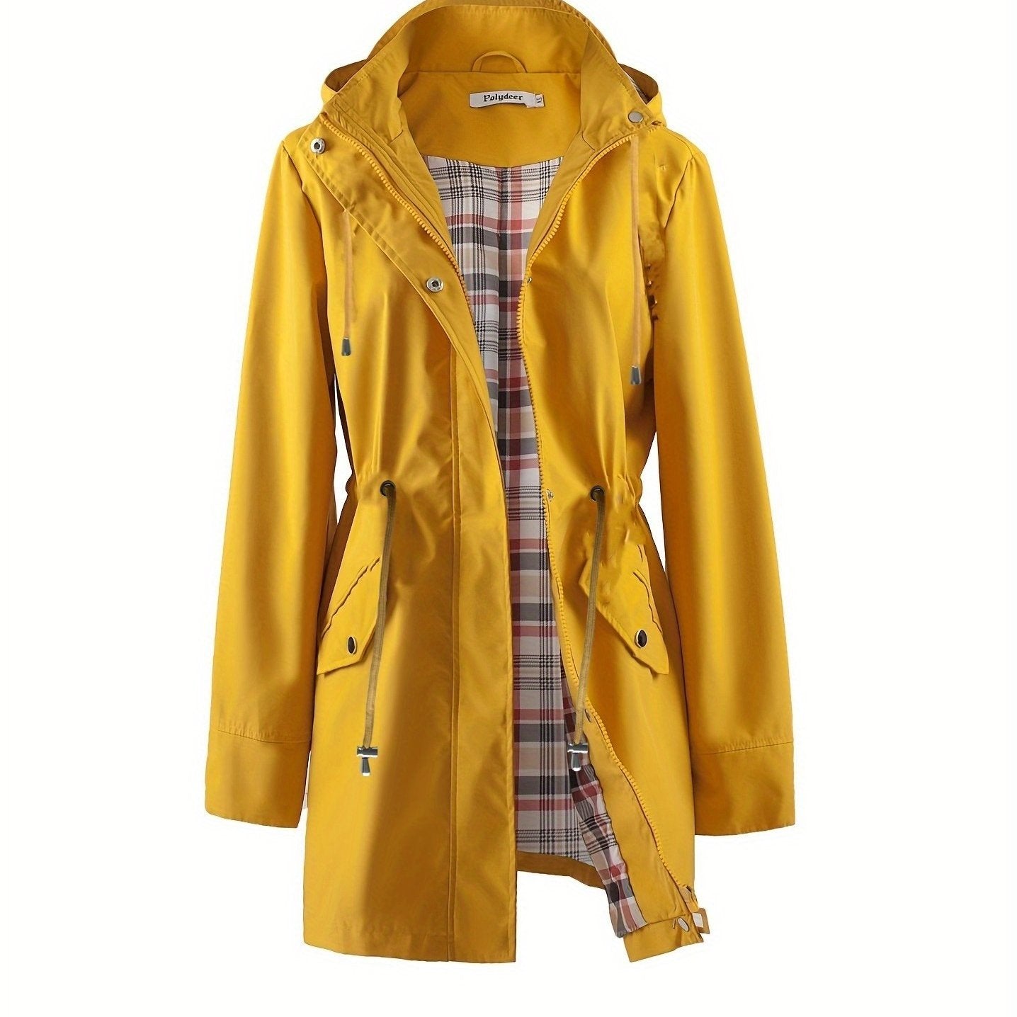 Hooded drawstring waist zip up coat with an attached hood in Ginger