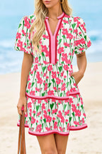 Floral puff sleeve patchwork mini dress casual styling