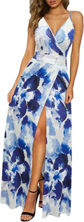 Women's floral V-neck sleeveless maxi dress in vibrant print, wedding guest style, front view