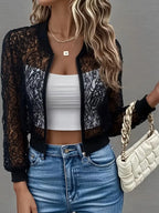Embroidered mesh cropped bomber jacket styled with midi dress