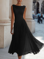 White draped neck pleated midi dress, full length silhouette