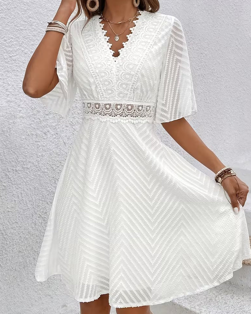 Cutout V neck lace patchwork mini dress, side view