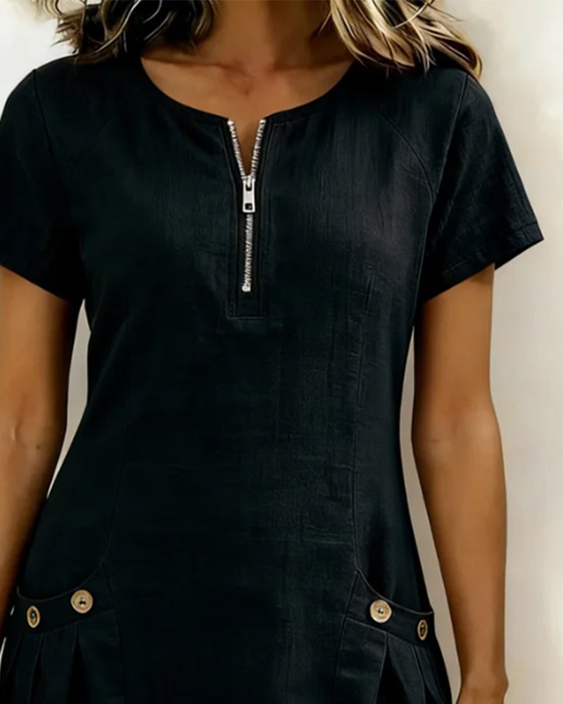 Round Neck Short Sleeve Pocket Zip Cotton Linen Dress