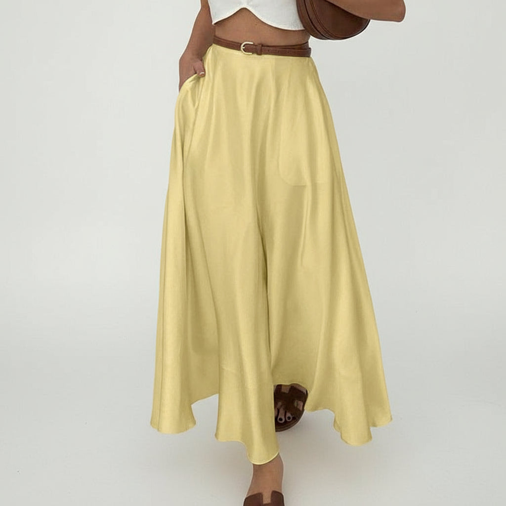 Satin Draping Yellow Midi Skirt