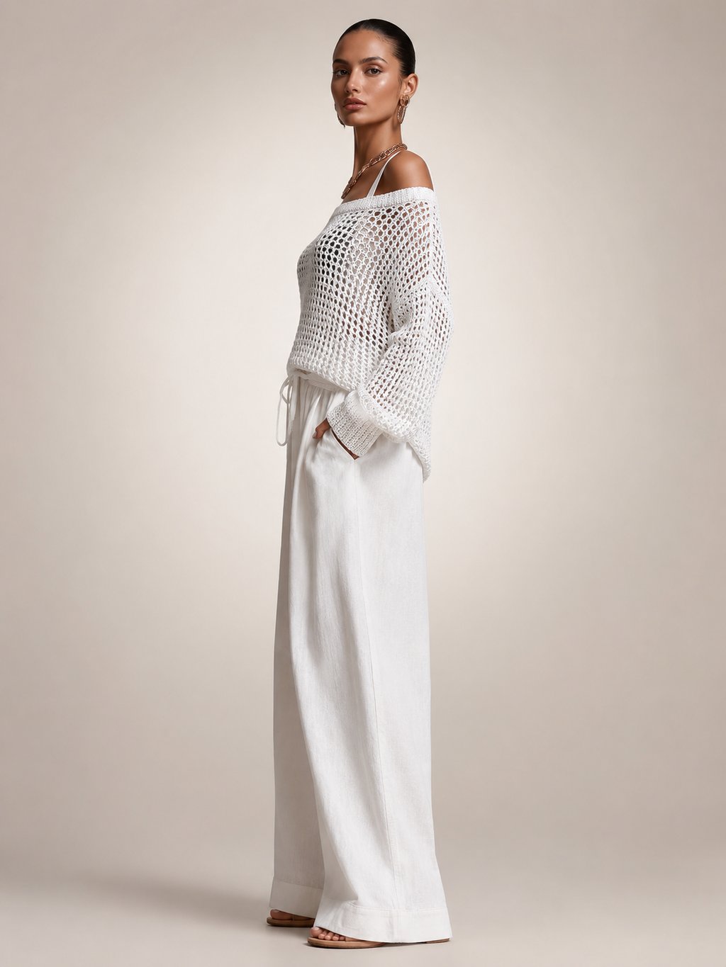 Off-Shoulder Knit Co-Ord Set with Wide-Leg Trousers