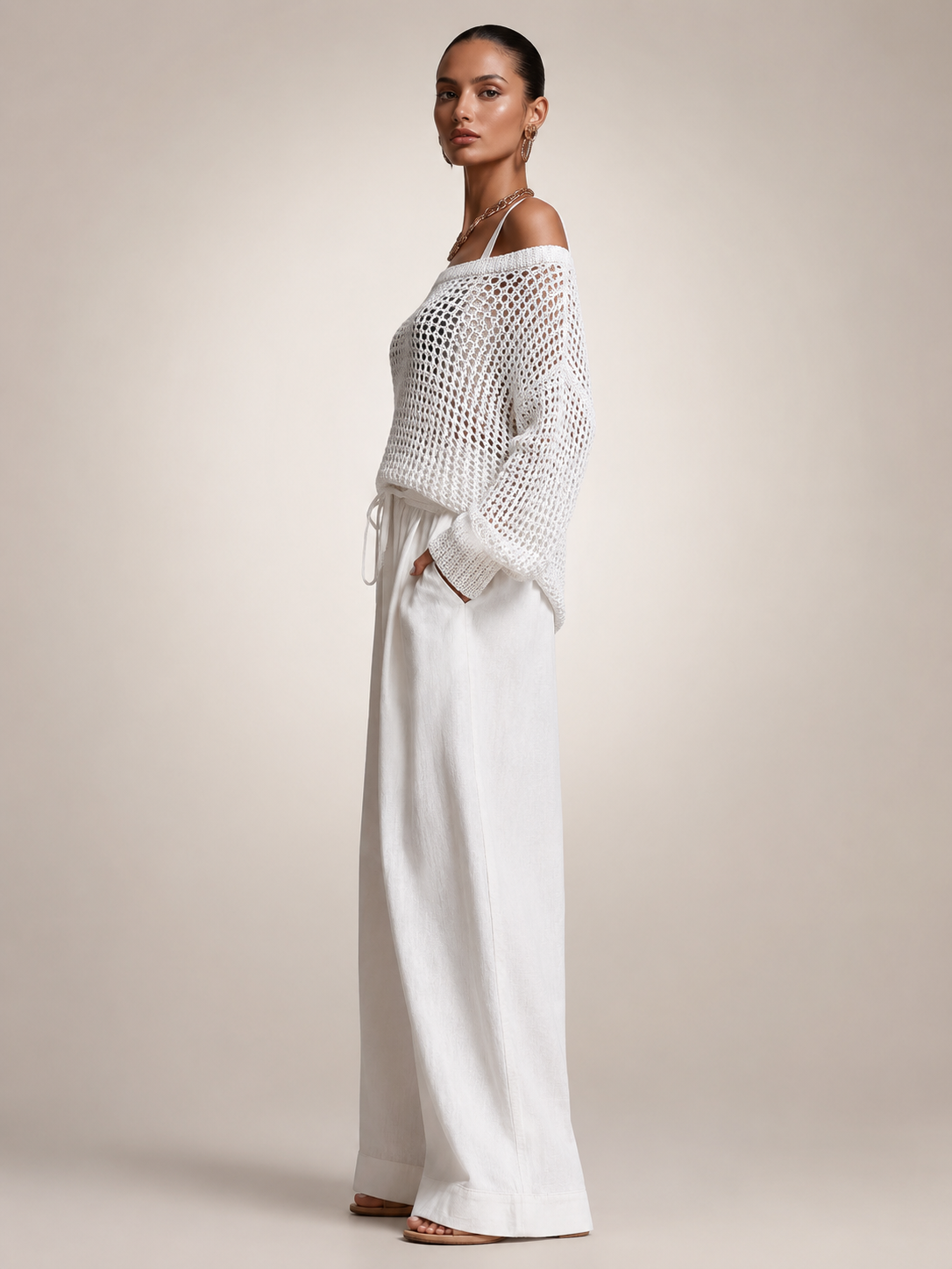 Off-Shoulder Knit Co-Ord Set with Wide-Leg Trousers