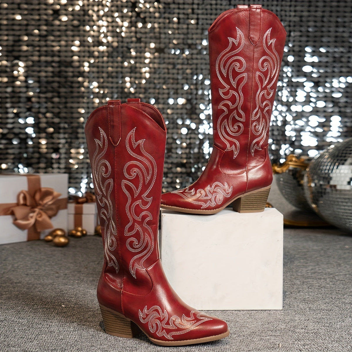 Knee-High Cowboy Boots with Block Heel